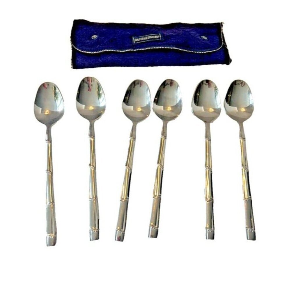 PRESENT Japan Stainless BORNES Line 6 Teaspoons Dotted Bamboo Handle 6.5"